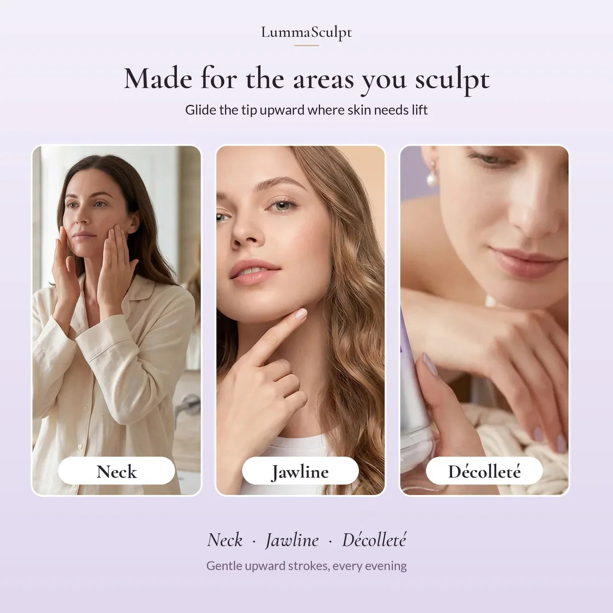 Women gently gliding the gua sha tip along neck, jawline and décolleté
